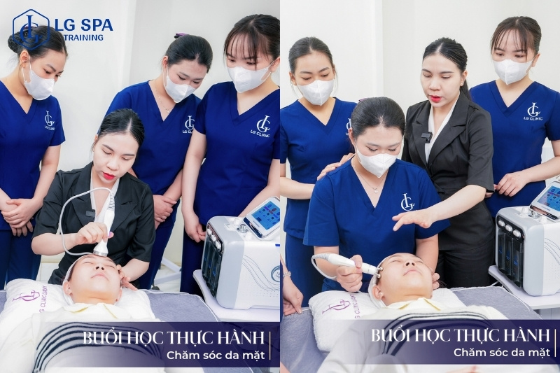 buổi học thực hành chăm sóc da mặt với máy móc hiện đại ở lg spa training center
